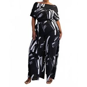 NEW THE CURVE LA plus size knit off the shoulder wide leg jumpsuit in black/whit